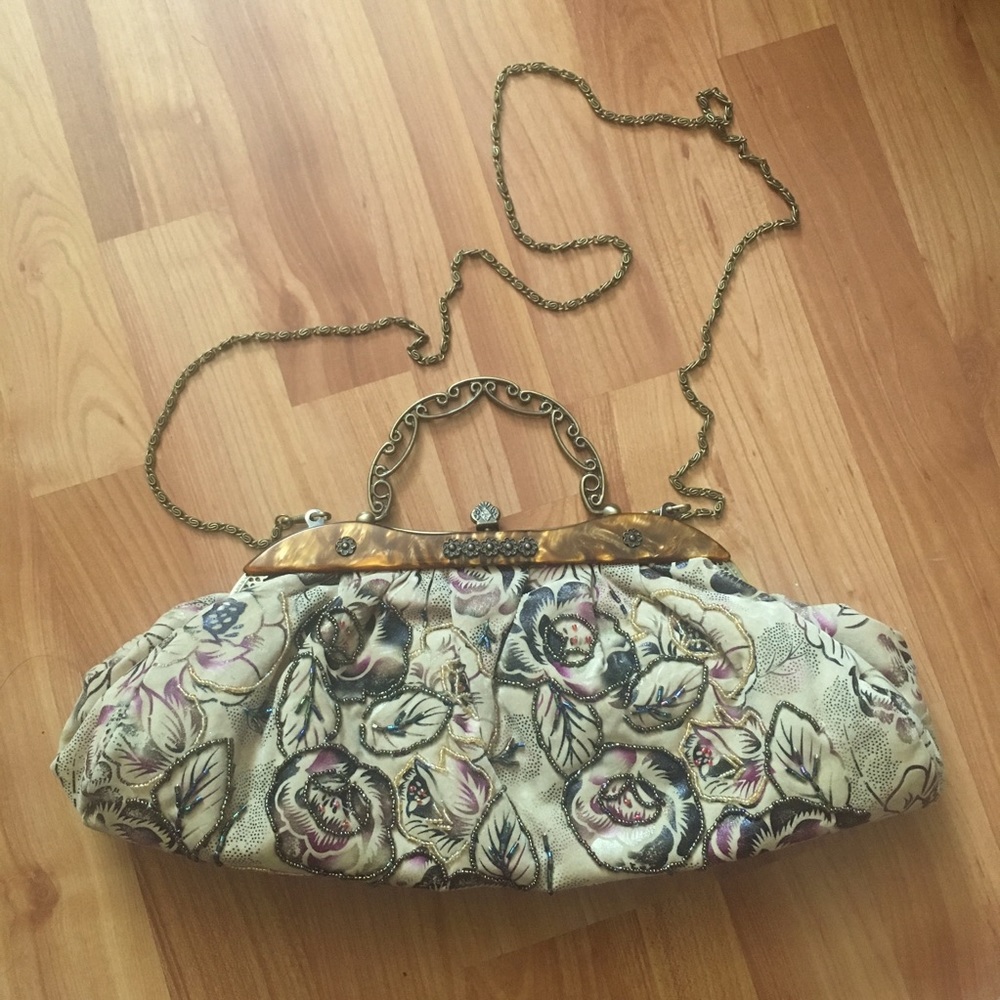 Vintage Beaded Handbag with Metal Handle & Chain